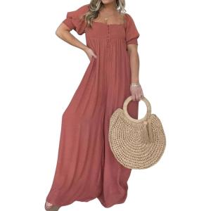 imageCHARTOU Casual Smocked Jumpsuit Women Short Sleeve Wide Leg Jumpsuit Square Neck Loose Overalls Flowy Long RomperOrange Red