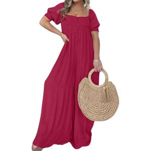 imageCHARTOU Casual Smocked Jumpsuit Women Short Sleeve Wide Leg Jumpsuit Square Neck Loose Overalls Flowy Long RomperRose Red