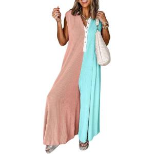 imageCHARTOU Loose Striped Wide Leg Jumpsuit for Women Summer Comfy Sleeveless Romper Baggy OverallBlue