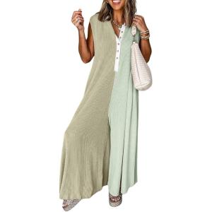 imageCHARTOU Loose Striped Wide Leg Jumpsuit for Women Summer Comfy Sleeveless Romper Baggy OverallGreen
