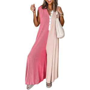 imageCHARTOU Loose Striped Wide Leg Jumpsuit for Women Summer Comfy Sleeveless Romper Baggy OverallPink