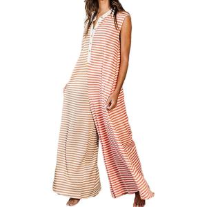 imageCHARTOU Loose Striped Wide Leg Jumpsuit for Women Summer Romper Flowy Pants Comfy Sleeveless Button Baggy OverallsBrown