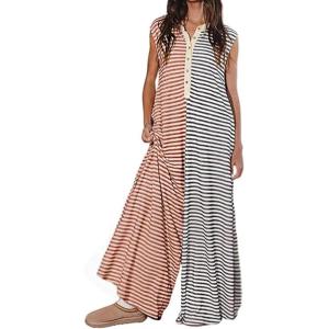 imageCHARTOU Loose Striped Wide Leg Jumpsuit for Women Summer Romper Flowy Pants Comfy Sleeveless Button Baggy OverallsGrey