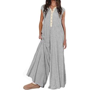 imageCHARTOU Loose Striped Wide Leg Jumpsuit for Women Summer Romper Flowy Pants Comfy Sleeveless Button Baggy OverallsSolid Grey
