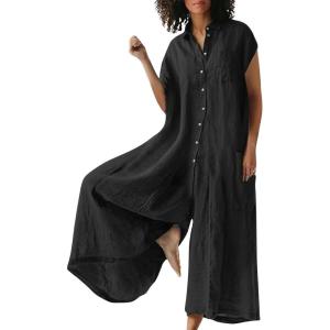 imageCHARTOU Loose Wide Leg Jumpsuit Women Jumper Linen Palazzo Pants Romper Summer Button Sleeveless Lounge JumpsuitBlack