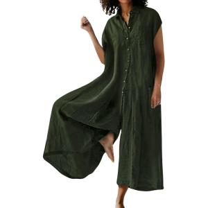 imageCHARTOU Loose Wide Leg Jumpsuit Women Jumper Linen Palazzo Pants Romper Summer Button Sleeveless Lounge JumpsuitGreen