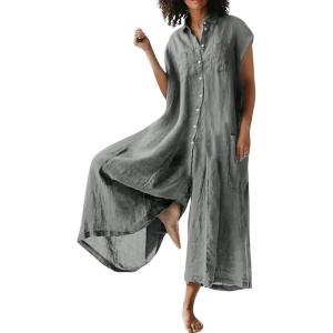 imageCHARTOU Loose Wide Leg Jumpsuit Women Jumper Linen Palazzo Pants Romper Summer Button Sleeveless Lounge JumpsuitGrey