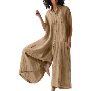 imageCHARTOU Loose Wide Leg Jumpsuit Women Jumper Linen Palazzo Pants Romper Summer Button Sleeveless Lounge JumpsuitKhaki