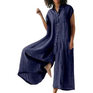 imageCHARTOU Loose Wide Leg Jumpsuit Women Jumper Linen Palazzo Pants Romper Summer Button Sleeveless Lounge JumpsuitNavy Blue