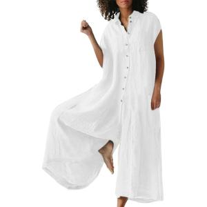 imageCHARTOU Loose Wide Leg Jumpsuit Women Jumper Linen Palazzo Pants Romper Summer Button Sleeveless Lounge JumpsuitWhite