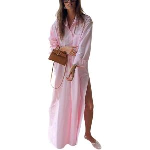 imageCHARTOU Maxi Shirt Dress for Women Sexy High Slit Loose Fit Long Blouse Beach Holiday DressPink