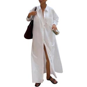 imageCHARTOU Maxi Shirt Dress for Women Sexy High Slit Loose Fit Long Blouse Beach Holiday DressWhite