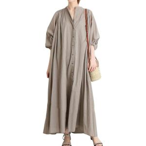 imageCHARTOU Oversized Button Down Shirt Dress for Women Long Sleeve Maxi Dress Flowy Ruffle Tunic Dress BeachGrey