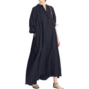 imageCHARTOU Oversized Button Down Shirt Dress for Women Long Sleeve Maxi Dress Flowy Ruffle Tunic Dress BeachNavy