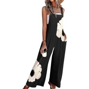 imageCHARTOU Summer Casual Boho Jumpsuits for Women Loose Wide Leg Overalls Floral Printed Baggy RomperBlack
