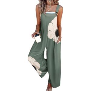 imageCHARTOU Summer Casual Boho Jumpsuits for Women Loose Wide Leg Overalls Floral Printed Baggy RomperGreen