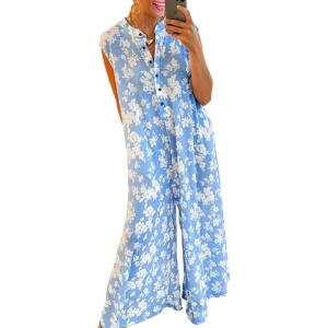imageCHARTOU Summer Flowy Wide Leg Jumpsuits for Women 2025 Floral Button Cap Sleeve Long Romper Beach OutfitsBlue