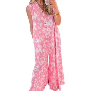 imageCHARTOU Summer Flowy Wide Leg Jumpsuits for Women 2025 Floral Button Cap Sleeve Long Romper Beach OutfitsPink