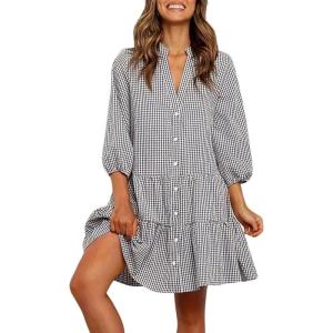 imageCHARTOU Summer Shirt Dress for Women Plaid Gingham 34 Sleeve Button Down Flowy Midi DressBlack