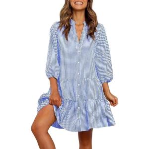 imageCHARTOU Summer Shirt Dress for Women Plaid Gingham 34 Sleeve Button Down Flowy Midi DressBlue