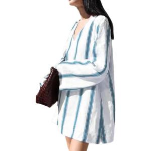 imageCHARTOU Summer Stripe Tunic Dress V Neck Shirt Long Sleeve Casual Loose Fit Sundress with PocketsBlue