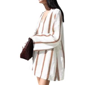 imageCHARTOU Summer Stripe Tunic Dress V Neck Shirt Long Sleeve Casual Loose Fit Sundress with PocketsBrown