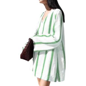 imageCHARTOU Summer Stripe Tunic Dress V Neck Shirt Long Sleeve Casual Loose Fit Sundress with PocketsGreen