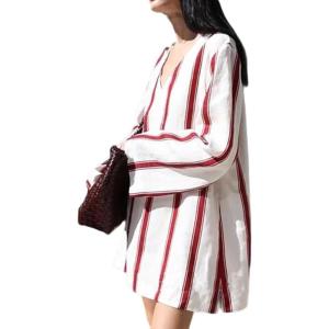 imageCHARTOU Summer Stripe Tunic Dress V Neck Shirt Long Sleeve Casual Loose Fit Sundress with PocketsRed