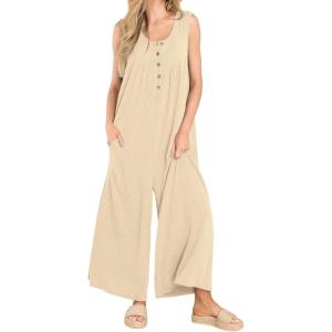 imageCHARTOU Summer Striped Jumpsuit for Women Wide Leg Jumpsuit Sleeveless Long Romper Button Down Baggy Overalls JumperApricot