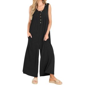 imageCHARTOU Summer Striped Jumpsuit for Women Wide Leg Jumpsuit Sleeveless Long Romper Button Down Baggy Overalls JumperBlack