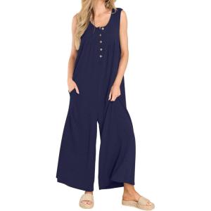 imageCHARTOU Summer Striped Jumpsuit for Women Wide Leg Jumpsuit Sleeveless Long Romper Button Down Baggy Overalls JumperNavy Blue