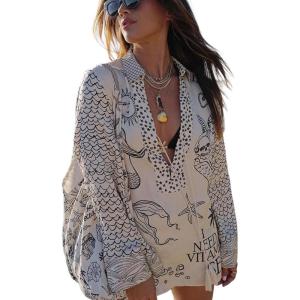 imageCHARTOU Women 2 Piece Beach Short Sets Floral Tie Front Tunic Shirt Dress Satin Boho Shorts Vacation OutfitsBlack