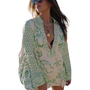 imageCHARTOU Women 2 Piece Beach Short Sets Floral Tie Front Tunic Shirt Dress Satin Boho Shorts Vacation OutfitsGreen