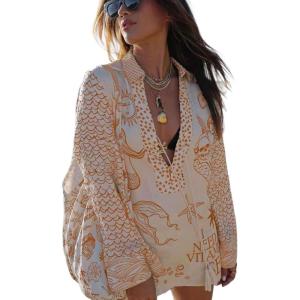 imageCHARTOU Women 2 Piece Beach Short Sets Floral Tie Front Tunic Shirt Dress Satin Boho Shorts Vacation OutfitsOrange