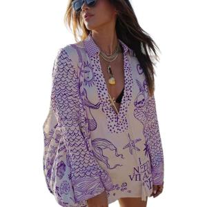 imageCHARTOU Women 2 Piece Beach Short Sets Floral Tie Front Tunic Shirt Dress Satin Boho Shorts Vacation OutfitsPurple