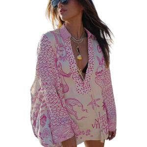 imageCHARTOU Women 2 Piece Beach Short Sets Floral Tie Front Tunic Shirt Dress Satin Boho Shorts Vacation OutfitsRose