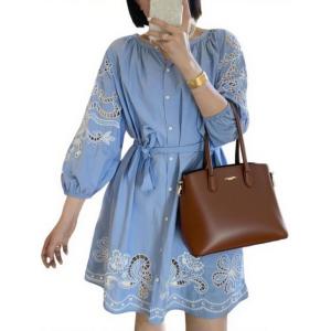 imageCHARTOU Women 34 Sleeve Embroidery Eyelet Button Down Shirt Tunic Dress with BeltBlue