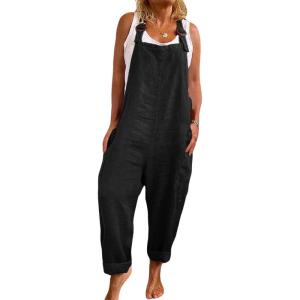 imageCHARTOU Women Baggy Jumpsuit One Piece Linen Loose Bib Romper Overalls Straps Wide Leg Jumpsuit Coverall PocketsBlack