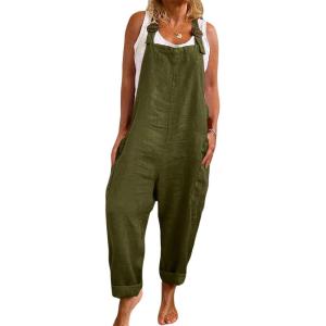 imageCHARTOU Women Baggy Jumpsuit One Piece Linen Loose Bib Romper Overalls Straps Wide Leg Jumpsuit Coverall PocketsGreen