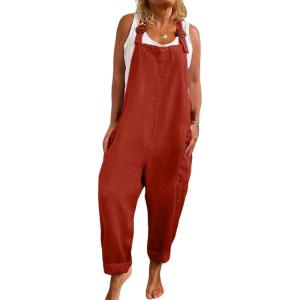 imageCHARTOU Women Baggy Jumpsuit One Piece Linen Loose Bib Romper Overalls Straps Wide Leg Jumpsuit Coverall PocketsRed