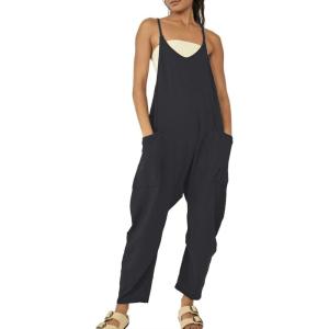 imageCHARTOU Women Baggy Sleeveless Slip Jumpsuit Loose Long Romper Harem Pants Overalls Dungaree Outfit PocketBlack