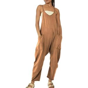 imageCHARTOU Women Baggy Sleeveless Slip Jumpsuit Loose Long Romper Harem Pants Overalls Dungaree Outfit PocketBrown