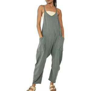imageCHARTOU Women Baggy Sleeveless Slip Jumpsuit Loose Long Romper Harem Pants Overalls Dungaree Outfit PocketGreen