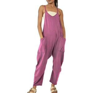 imageCHARTOU Women Baggy Sleeveless Slip Jumpsuit Loose Long Romper Harem Pants Overalls Dungaree Outfit PocketLight Plum