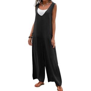 imageCHARTOU Women Baggy V Neck Jumpsuit Wide Leg Long Pants Sleeveless Tank Jumper RomperBlack