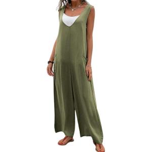 imageCHARTOU Women Baggy V Neck Jumpsuit Wide Leg Long Pants Sleeveless Tank Jumper RomperGreen