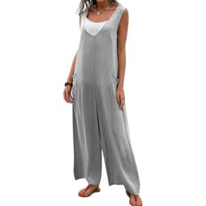 imageCHARTOU Women Baggy V Neck Jumpsuit Wide Leg Long Pants Sleeveless Tank Jumper RomperGrey