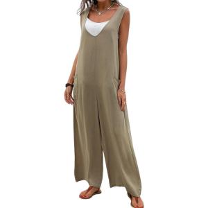 imageCHARTOU Women Baggy V Neck Jumpsuit Wide Leg Long Pants Sleeveless Tank Jumper RomperKhaki