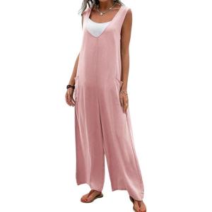 imageCHARTOU Women Baggy V Neck Jumpsuit Wide Leg Long Pants Sleeveless Tank Jumper RomperPink
