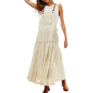 imageCHARTOU Women Bib Overall Dress Jumper Babydoll Pinafore Dress Embroidered Lace Maternity Straps Suspender DressApricot